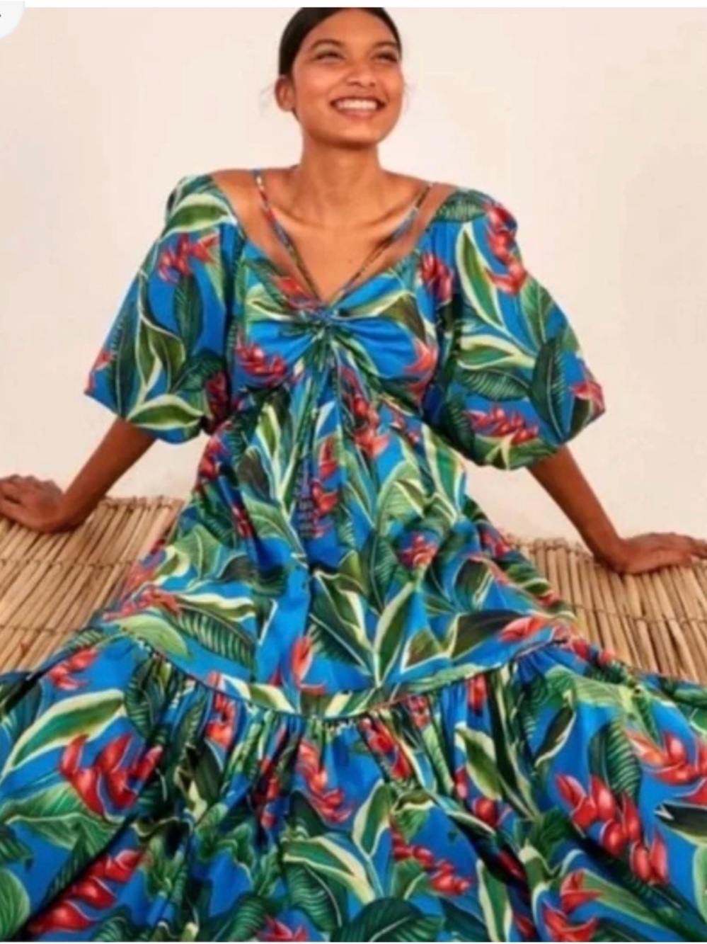 Farm Rio Dream Garden tropical floral puff sleeve tiered cotton Midi Dress XS - Picture 3 of 14
